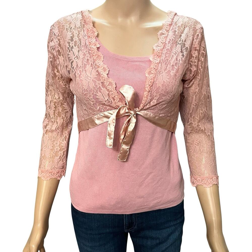 Y2K Twofer Layered Look Sweater Small Lace Overlay Balletcore Coquette Fairy